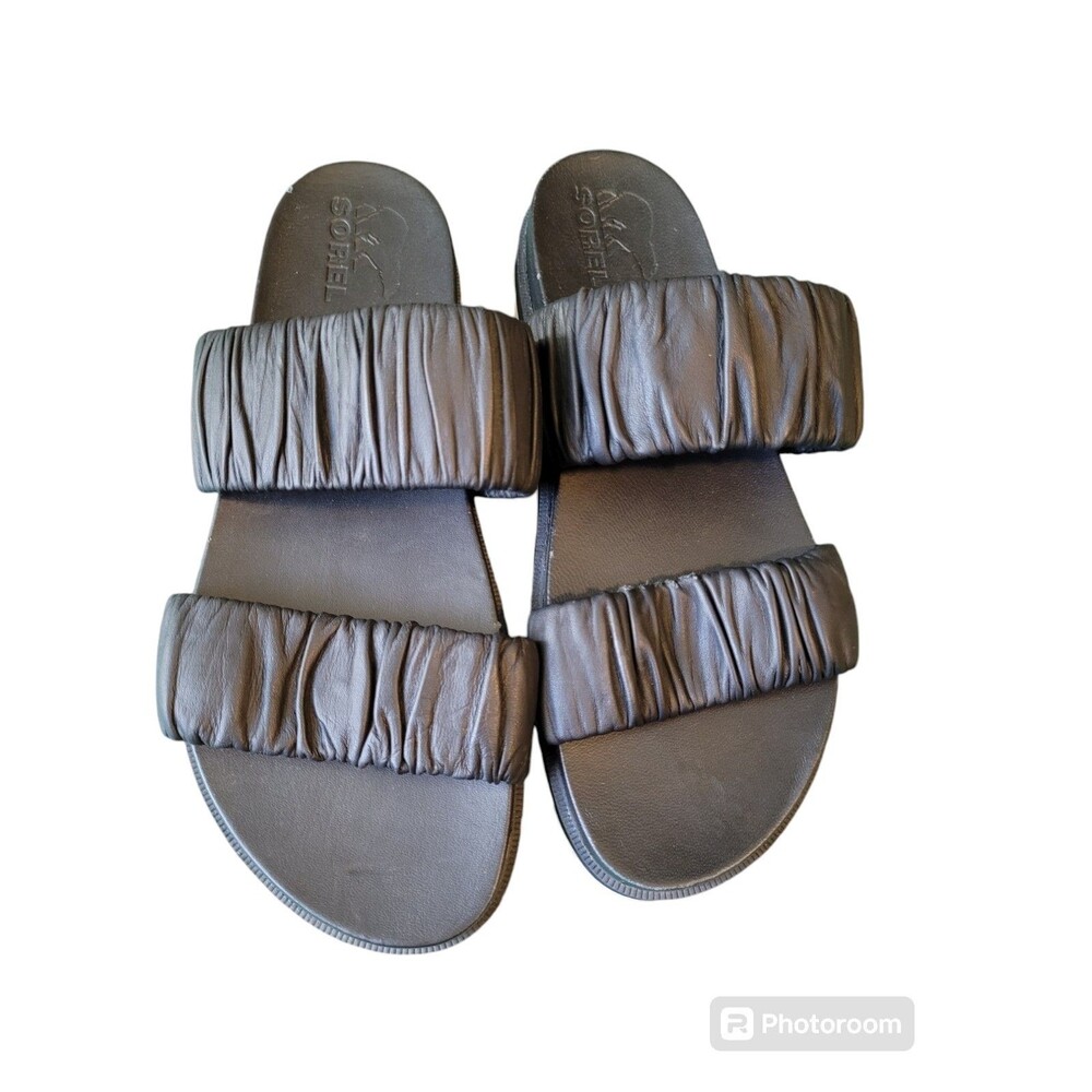 Sorel Sandals Women 10 Roaming Casual Slip On Two Strap Slide Black Faux Leather